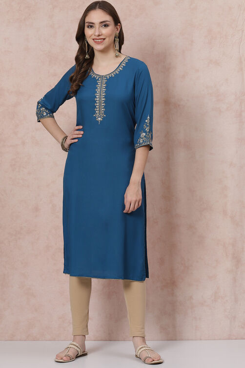 Petrol Blue LIVA Straight Kurta image number 2